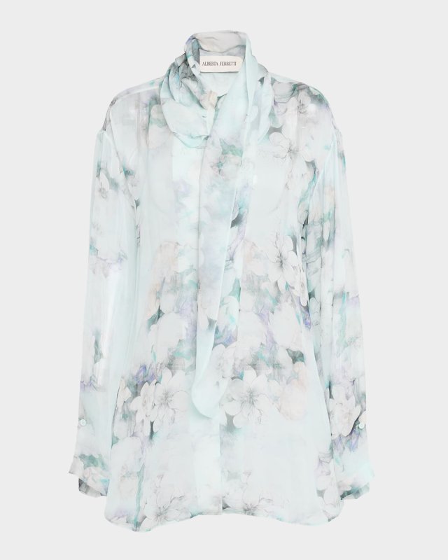 Flower Print Chiffon Scarf-Neck Blous